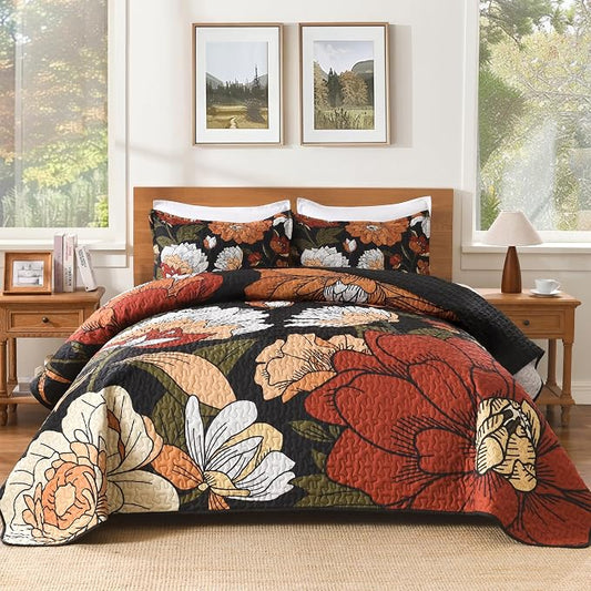 Andency Oversized King Quilt Set Black, 120x120 Floral Super King Bedspread | 3 Pieces Brown Boho Flower Botanical Summer Bedspreads with 2 Shams, Reversible Polyester Coverlet Set for All Seasons