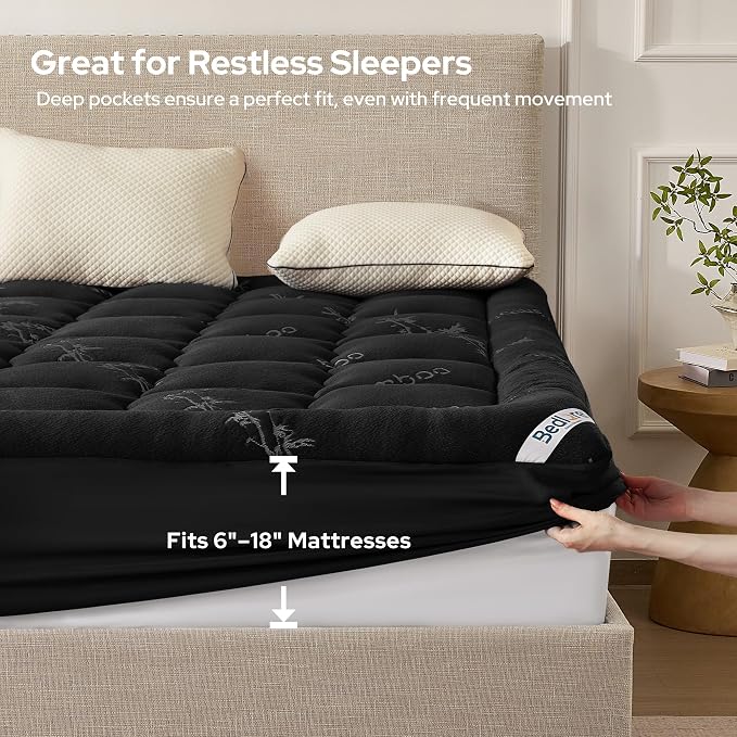 BEDLORE California King Mattress Topper, Thick Pillow Top Mattress Pad | Deep Pockets Fit 6"-18" Mattress, Soft Breathable Mattress Topper Viscose Bamboo for Back Pain & Hot Sleepers(Black)