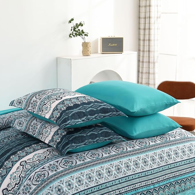 Cottolester Boho Full Size Comforter Set 8 Pieces, Teal Comforter Bohemian Striped Bed in A Bag, Soft Microfiber Bedding Set for All Seasons