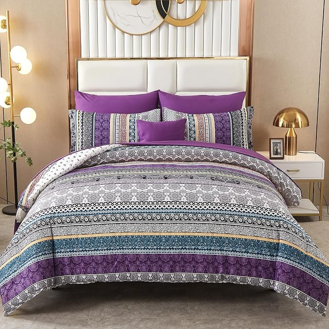 Cottolester Boho Comforter Set Queen Size,8 Piece Bed in a Bag Bohemian Striped Bedding Quilt Set,Purple Paisley Floral Comforter and Sheet Set,Soft Microfiber Complete Bedding Sets for All Season