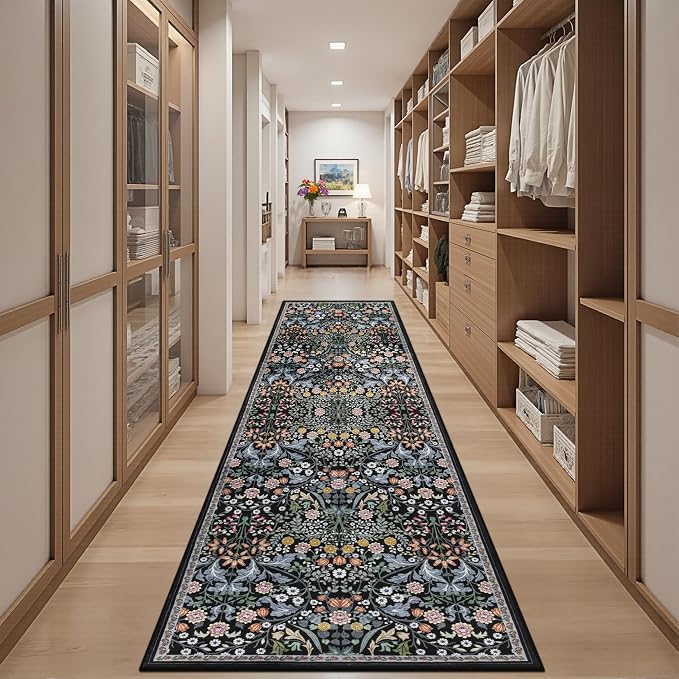 PLHXFR 2.6x10 Washable Runner Rug：Floral Indoor Kitchen Carpet Dark Black | For Hallway Bedroom Kitchen Laundry Bathroom Dorm,Vintage Floral,Machine washable,Non Slip,Stain Resistant,Indoor Floor