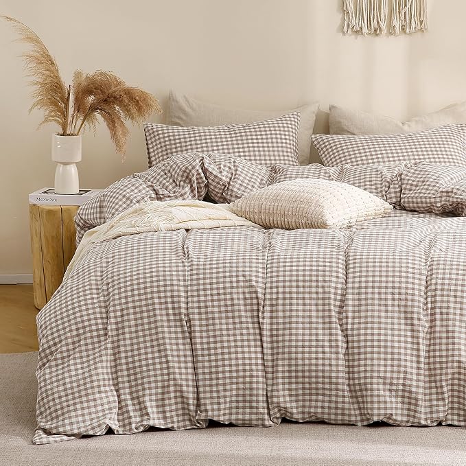 TOCOMOA Gingham Duvet Cover Set Washed Cotton Like Linen, Oversized Queen | 100% Washed Cotton Linen-Like Feel Soft, Breathable & Comfy. Fall Vintage Farmhouse Decor, Zipper & 8 Ties. 3 Pcs, No Insert