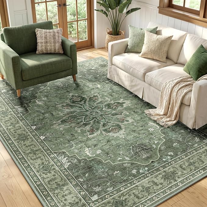 RELEANY Washable Area Rug, 5'x7', Green/Dark Green/Gray | Non-Slip, Water Repellent, Pet Friendly, Easy to Clean, Vintage Floral Boho Decor for Living Room Bedroom Dining Room Office
