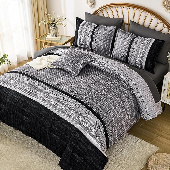 Dintszyayue Black Comforter Set Cal King Size, 8 Pieces Boho Striped Bed in a Bag Soft Microfiber Bedding Set for All Season