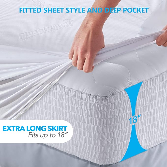 PlushDeluxe Bamboo Waterproof Mattress Protector, Full Size, Ultra Soft | Breathable, Noiseless, Hypoallergenic, Washable, 54x75" Up to 18" Deep, Viscose Derived from Bamboo Mattress Cover, White