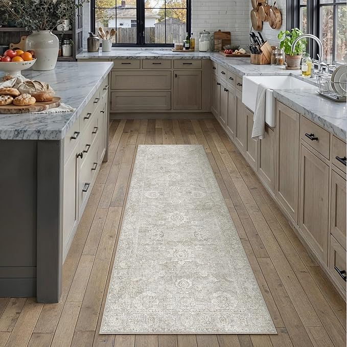 2x6 Grey Neutral Runner Rug | Washable, Vintage, Soft, Non Slip, Low Pile, Distressed, Carpet for Kitchen Hallway Bathroom Indoor Nursery Home Decor