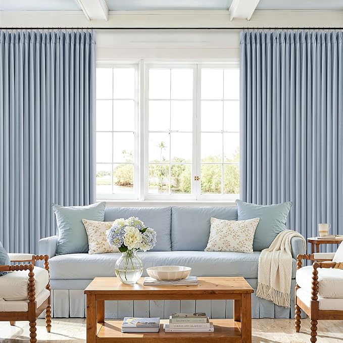 Light Blue Pinch Pleated Dual Layer Blackout Linen Curtains 102 Inches Long | Dual Layer Pleated Drapes, Farmhouse Coastal, Sky Baby Blue, Thermal Insulated Room Darkening, for Dining Living Room, 40x102