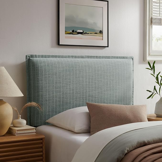 Modway Camille Twin Size Striped Linen Blend Pinstripe Headboard with Removable Slipcover – in Spa Blue Stripe - Padded Pillow Style Headboard with Adjustable Mounting for Twin Beds