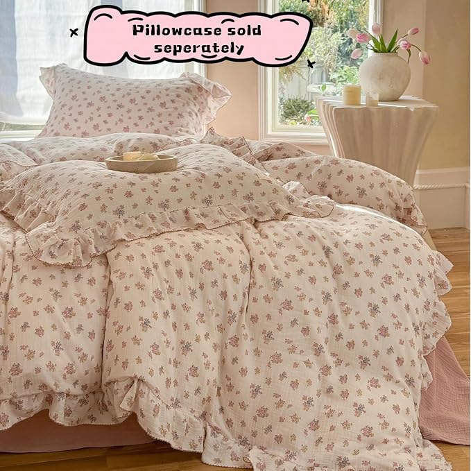 2 Layers Muslin Cotton Duvet Cover for Full Bed, Chic Ruffles Tuberose Floral Pattern Comforter Cover Twin Children Bedding Quilt Covers, No Pillow Case, Zipper Cloruse, 4 Ties