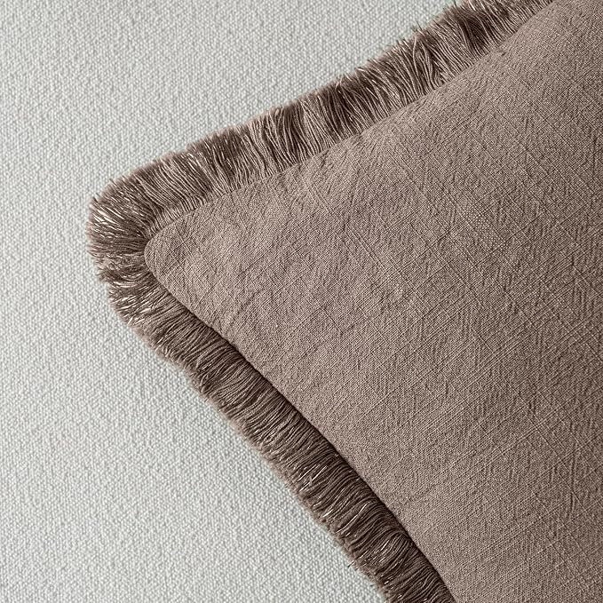 MIULEE Linen Decorative Fall Euro Throw Pillow Covers Malt Ball 26x26 | Set of 2, Cottagecore Decor, Boho Farmhouse Neutral Pillow Covers, Rustic Fall Fringe Couch Cushion for Sofa Bed Living Room