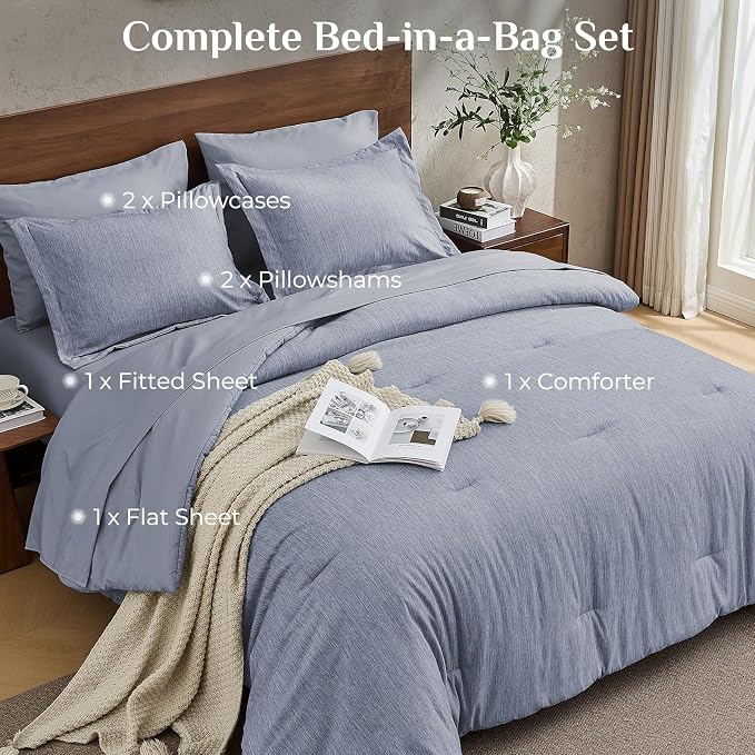 JOLLYVOGUE Navy Blue King Comforter Set, Cationic Dyeing Bed in a Bag King 7 Pieces, Double-Tone Bedding Set with Down Alternative Comforter, Sheets, Pillowcases & Shams