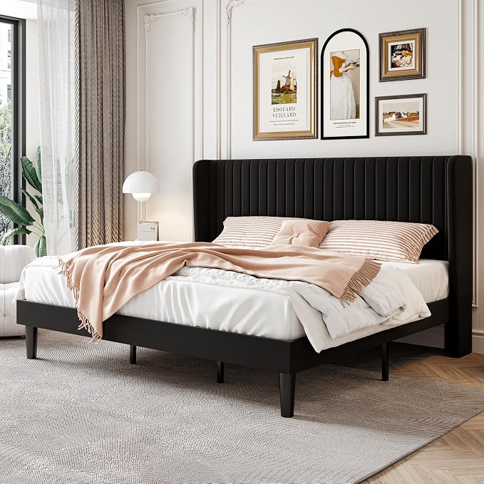 SHA CERLIN King Size Velvet Bed Frame, Tufted Wingback Headboard, Black | 47'' Modern Vertical Channel Headboard, Upholstered Platform Bed, Wood Slats, No Box Spring Needed, Easy Assembly, Noise Free