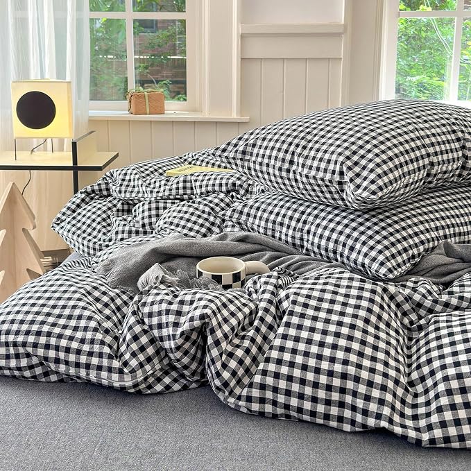 LifeTB Black Gingham Comforter Set King Geometric Checkered Plaid Comforter Set 3 Pieces Boho Grid Comforter with 2 Pillowcases Fluffy Soft Checkered Pattern Lightweight Gingham Bedding Set King