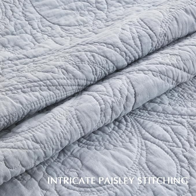 EVERGRACEHOME 100% Cotton Paisley Quilt Set, Queen Size, Pearl Blue | Prewashed for Softness, Year-Round Breathability, Gift-Ready Box, Matelasse-style Quilted Coverlet, 3 Piece Set with 2 Shams