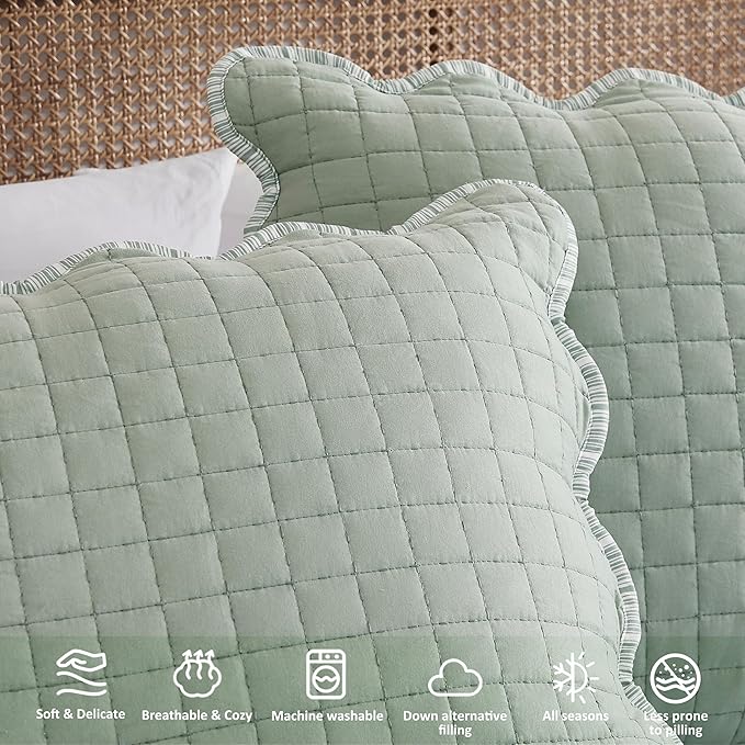 WDCOZY Sage Green Twin Size Quilt Bedding Set, Seafoam Scalloped Farmhouse Country Rustic Lightweight Soft Coverlet for All Season, Cute Cozy Kantha Pick Stitch Bedspread, 1 Pillow Shams
