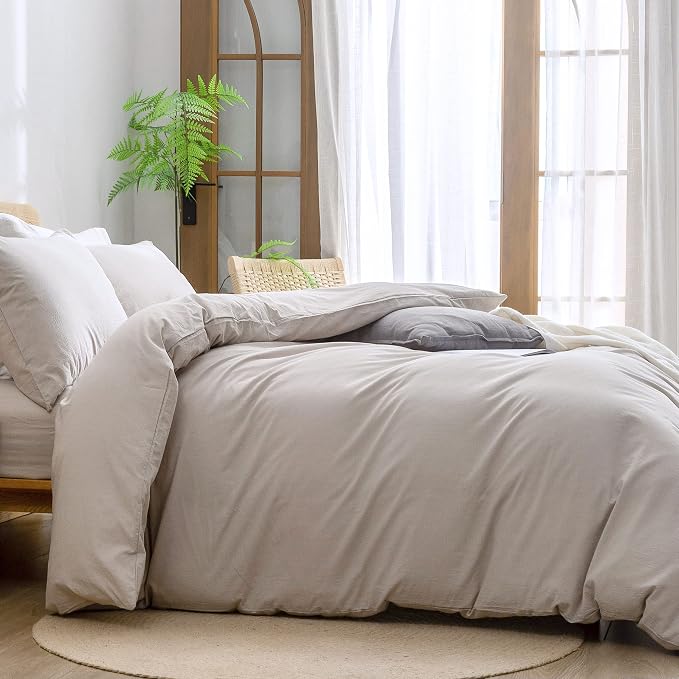 BESTOUCH Cotton Solid Duvet Cover Set Linen Feel Linen Grey Queen | 100% Washed Cotton, Soft Wrinkle Texture, Hidden Zipper, 8 Ties, Breathable Lightweight Durable Comfy, 3 Pcs No Insert