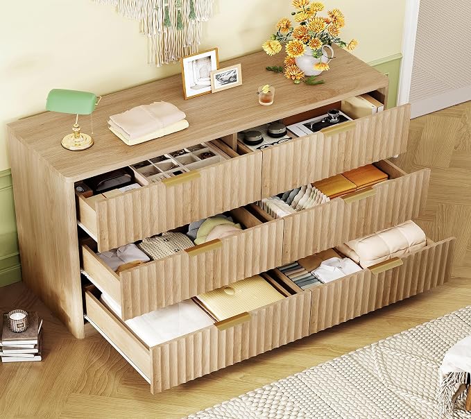 Fluted 6 Drawer Dresser for Bedroom, Wide Modern Chest of Drawers with Metal Handle, Curved Profile Design, Wood Closet Clothes Storage Organizer for Bedroom, Hallway, Natural