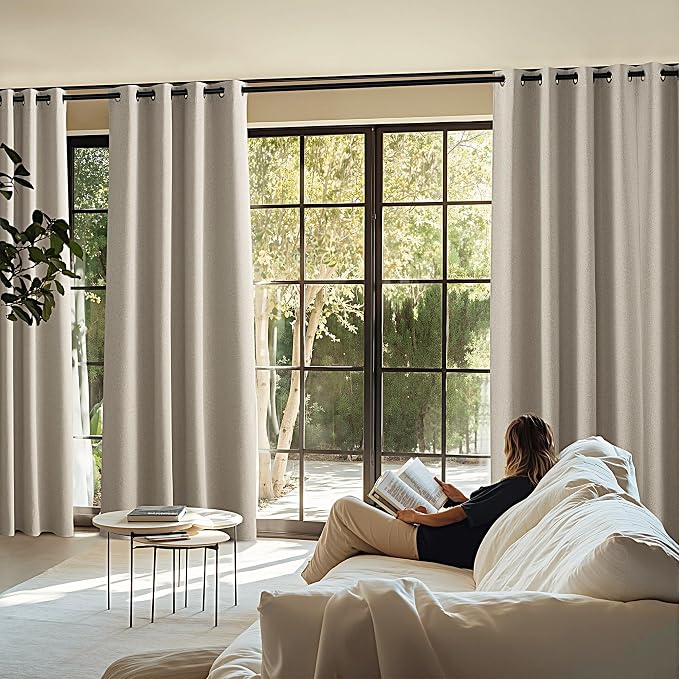 NICETOWN 100% Blackout Curtains for Bedroom 84 inches Long Linen Textured | Thermal Insulated & Noise Reducing Draperies for Living Room, Farmhouse Style Full Light Blocking, W52 x L84 in, 2 PCs, Beige