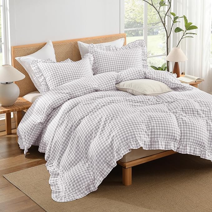 Andency Light Grey Gingham Duvet Cover Full, Ruffle Chic Bedding Set 3 Pcs | Farmhouse Soft Pre-Washed Polyester Comforter Cover with Zipper Closure & Corner Ties, 79x90Inch