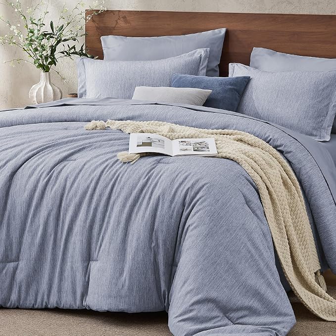 JOLLYVOGUE Navy Blue Full Comforter Set, Cationic Dyeing Bed in a Bag Full 7 Pieces, Double-Tone Bedding Set with Down Alternative Comforter, Sheets, Pillowcases & Shams