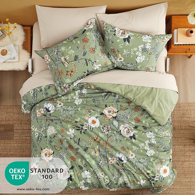 King Size Comforter Set-7 Pieces Floral Green Bed in a Bag King Bedding Set | All Season Botanical Texture Flowers Comforter Set with Sheets, Pillowcases & Shams