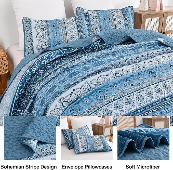 WONGS BEDDING Blue Quilt Queen Size,3 Pcs Bedspread Bedding Set | Colorful Bohemian Striped Printed Bedding for All Season, Lightweight Microfiber Coverlet Set with 2 Pillowcases( 96"x90" )
