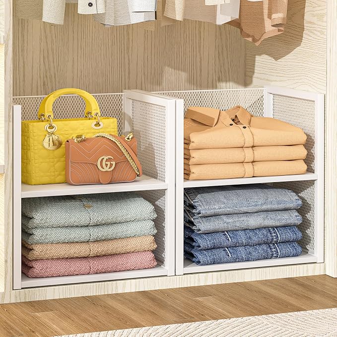 2-Tier Stackable Closet Organizers and Storage Basket, Wire Clothes Shelf Organizer Bins, Sweater Storage for Wardrobe Cupboard, Multifunctional Cube Storage Box for Kitchen Bath Laundry Room, White