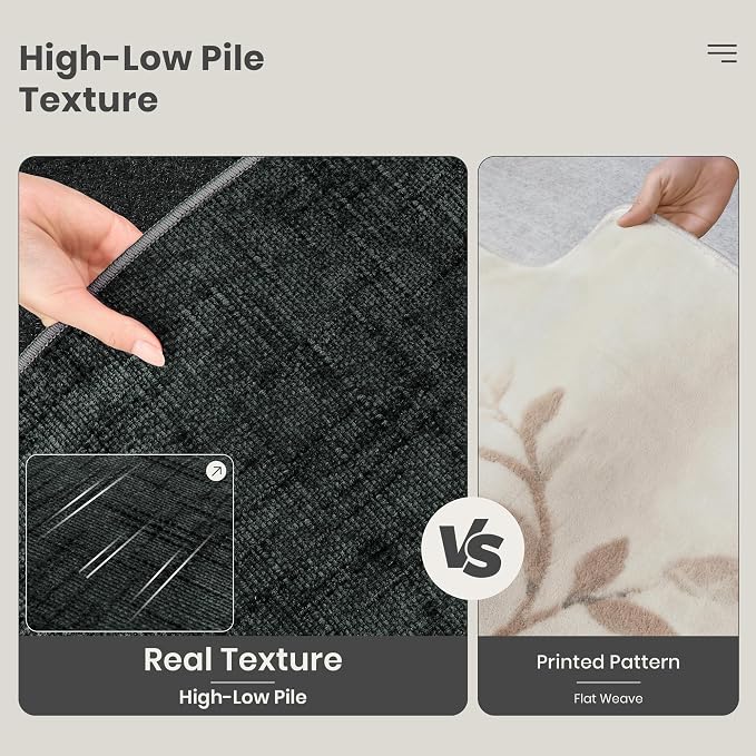 8x10 Area Rugs for Living Room, High-Low Pile Washable Rug, Black | Soft Fluffy Textured Design Non Slip & Lighweight, Folable, Stain Resistant Floor Carpet Rug for Bedroom, Dining Room, Office