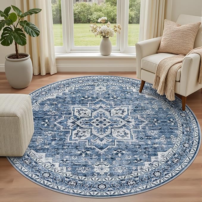 Round Area Rug for Living Room: 4ft Washable Rug for Bedroom Blue | Vintage Boho Soft Round Rug Indoor Floor No Slip Carpet Stain Resistant Rugs for Bedroom Dining Room Nursery Home Office