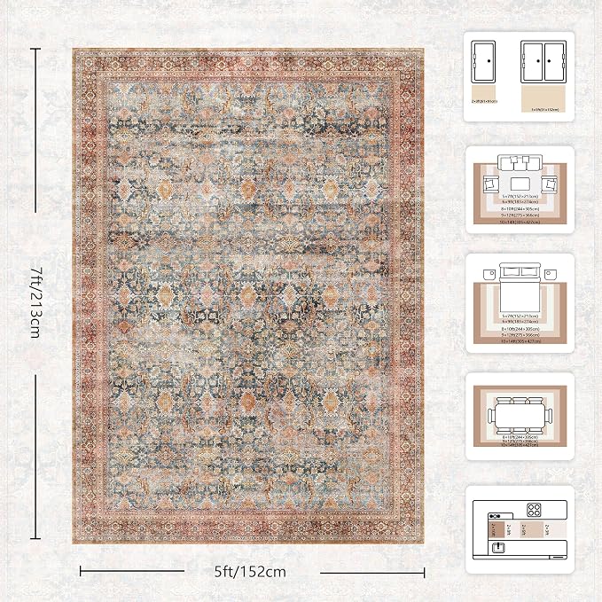 5x7 Area Rugs - Washable Vintage Retro Living Room Rug, Soft Ultra Thin Non Slip Low Pile Traditional Distressed Boho Carpet for Bedroom Dining Room Nursery Home Office, Rust Clay