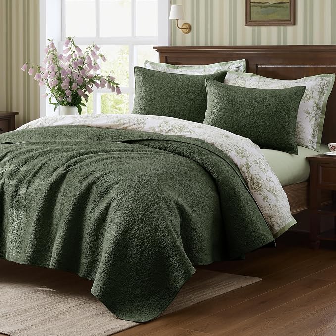 WDCOZY Queen 100% Cotton Paisley Quilt Bedding Set Olive Green Comforter | Pre-Washed Thin Farmhouse Bedspread, 90"x96" Coverlet + 2 Shams 20"x26", Soft Lightweight, All-Season, Textured Like Linen