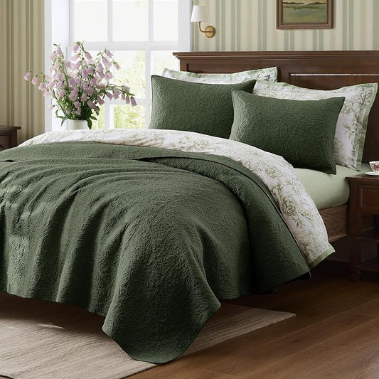 WDCOZY Queen 100% Cotton Paisley Quilt Bedding Set Olive Green Comforter | Pre-Washed Thin Farmhouse Bedspread, 90"x96" Coverlet + 2 Shams 20"x26", Soft Lightweight, All-Season, Textured Like Linen