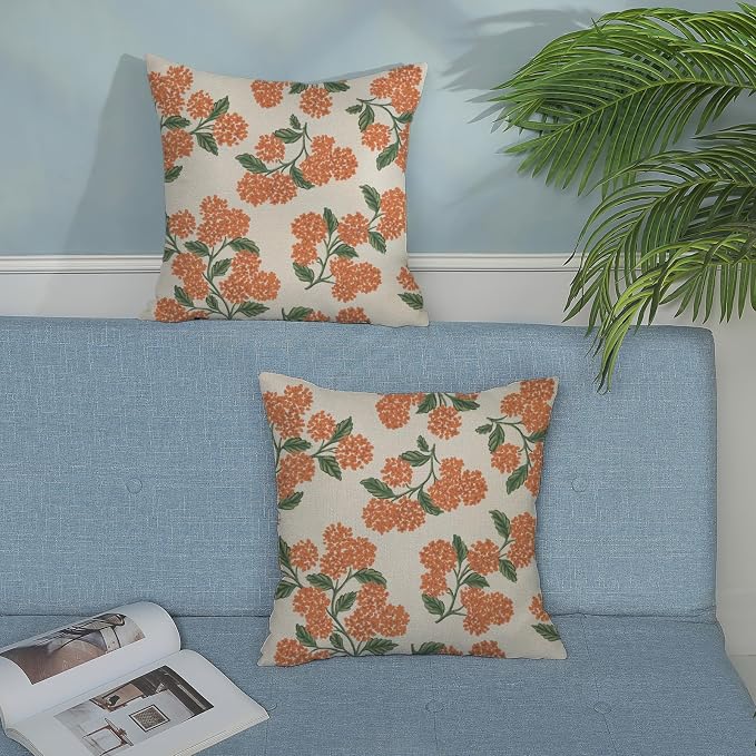Fall Burnt Orange Pillow Covers 22x22 Inch 2 Pcs Green Hydrangea Flower Decor Throw Pillows Vintage Floral Seasonal Autumn Outdoor Decoration Pillowcase Linen Cushion Cover for Couch Sofa