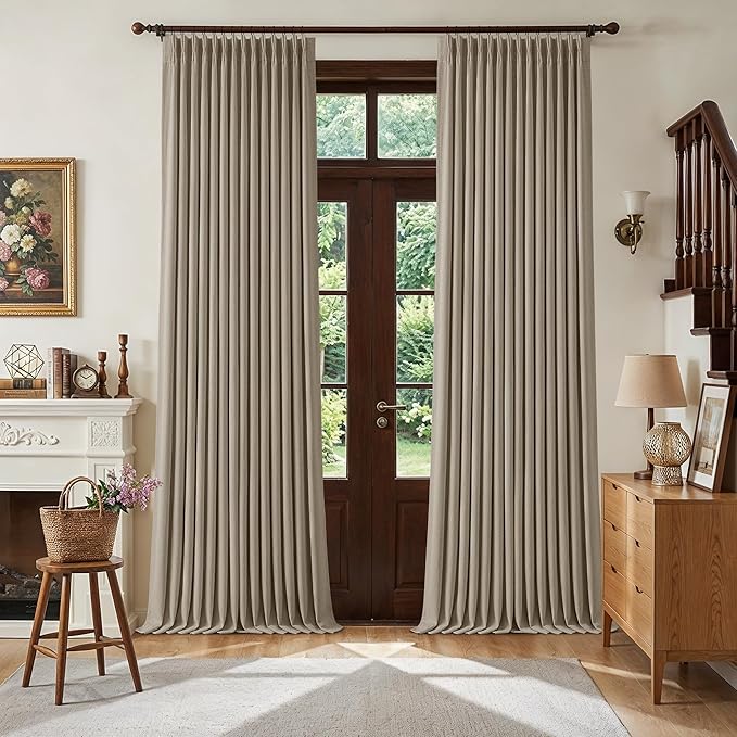 Deep Flax Linen Pinch Pleated 100% Blackout 92 Inch Curtains 2 Panels | Greige Light Taupe, Pinch Pleat Curtains with Liner, Black Out Blocking, Room Darkening, for Bedroom Living Room Window