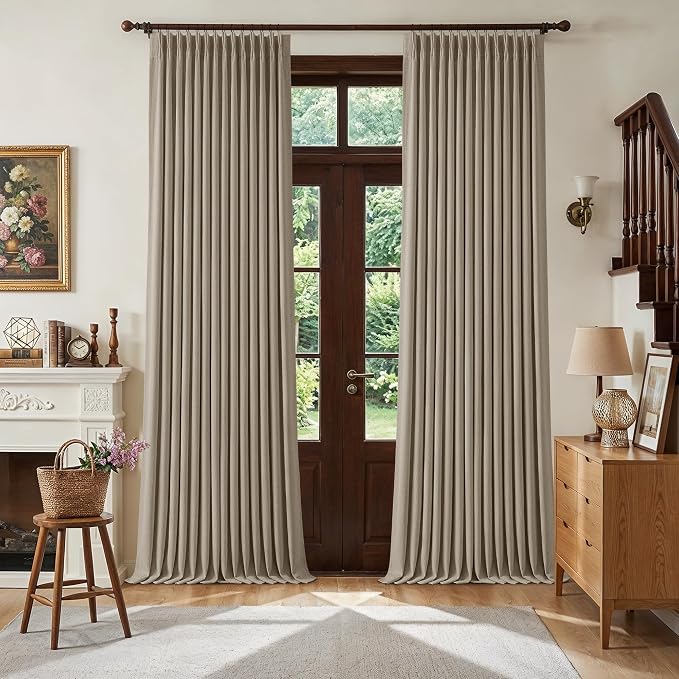 TWODRAPES Pleated Blackout Dark Flax 120 Inch Long Curtains Double Layer | Viral Pinch Pleated, Taupe Greige, 100% Black Out Linen Curtains, Soundproof, Neutral 120 Inch Window Drapes 2 Panels Set