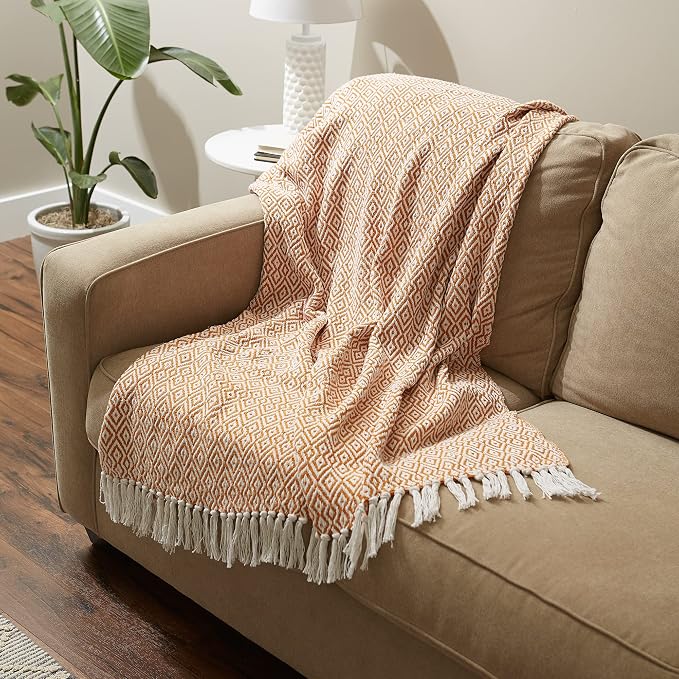 DII Rustic Farmhouse Double Diamond Woven Throw, 50x60, Pumpkin Spice
