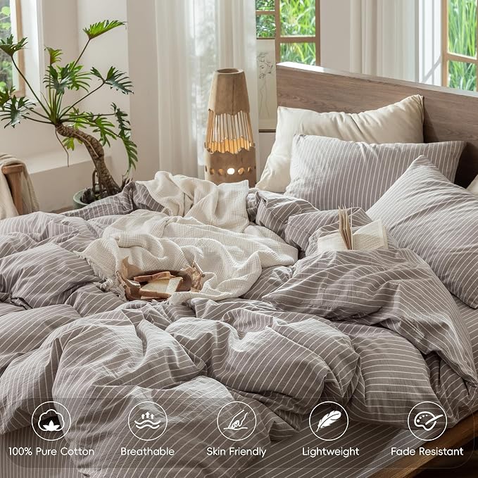 MooMee Striped Duvet Cover Set 100% Washed Cotton Linen Like Queen | Relaxed Linen-like Texture. Soft, Breathable & Long-lasting Comfort. Lightweight. Hidden Zipper with 8 Interior Corner Ties