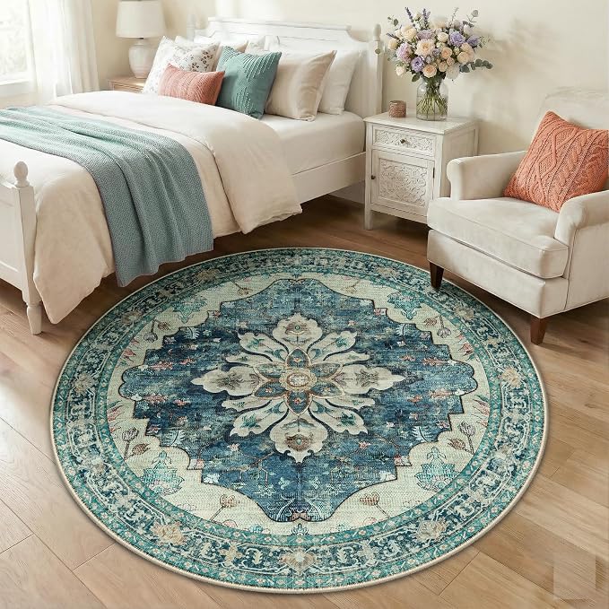 RELEANY Washable Area Rug, Round 5ft, Blue/Vintage Dark Blue | Non-Slip, Water Repellent, Pet Friendly, Easy to Clean, Vintage Floral Boho Decor for Living Room Bedroom Dining Room