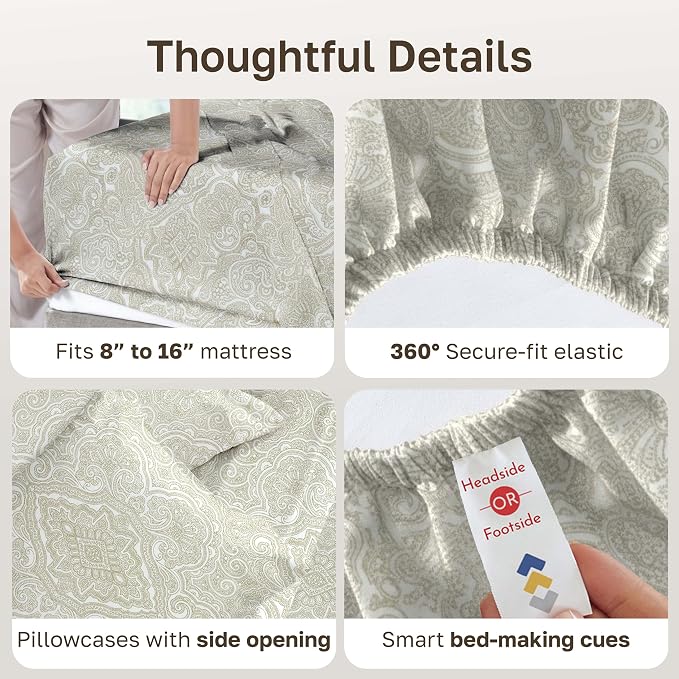 California Design Den 100% Cotton Sateen California King Sheet Sets | 400 Thread Count Backed by Good Housekeeping Seal, 16" Deep Pocket, All-Around Elastic, Easy Care - Paisley Beige Print