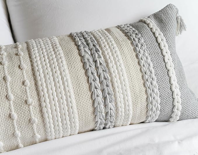 Gray Decorative Lumbar Pillow Cover 14x36, Grey Boho Long Body Pillow for Bed, Farmhouse Lumbar Throw Pillow for Couch, Modern Accent Textured Throw Pillowcase