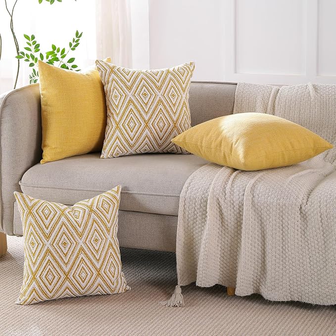 HPUK Throw Pillow Covers 18x18, 4 Pack, Ochre Textured Couch Pillow Covers | Polyester fabric, patterned and solid designs, hidden zippers, machine washable, for sofas and beds, inserts not included