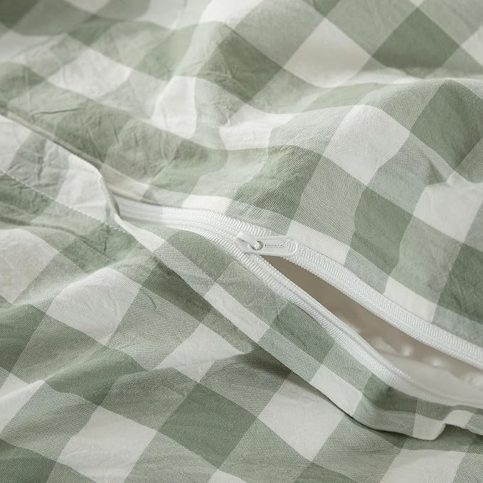 BESTOUCH Gingham Cotton Duvet Cover Set Sage Green California King | Washed Cotton, Linen Feel, Soft Wrinkle Texture, Hidden Zipper, 8 Ties, Breathable Lightweight Durable Comfy, 3 Pcs No Insert