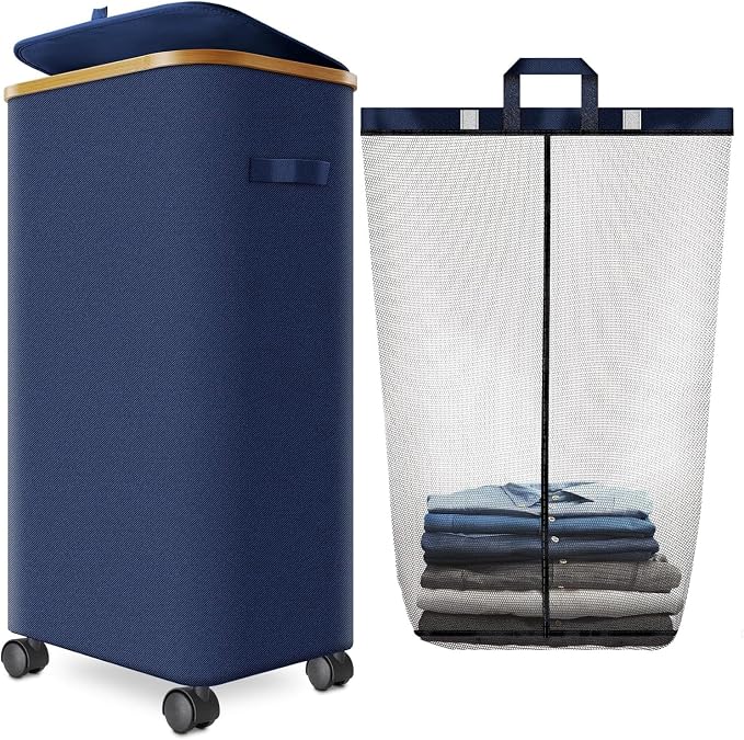 Laundry Basket with Wheels, 110L Large Rolling Laundry Hamper for Dorm | Clothes Hampers for Laundry with Inner Bag, Collapsible Dirty Clothes Hamper for Bedroom, Bathroom, Laundry Room