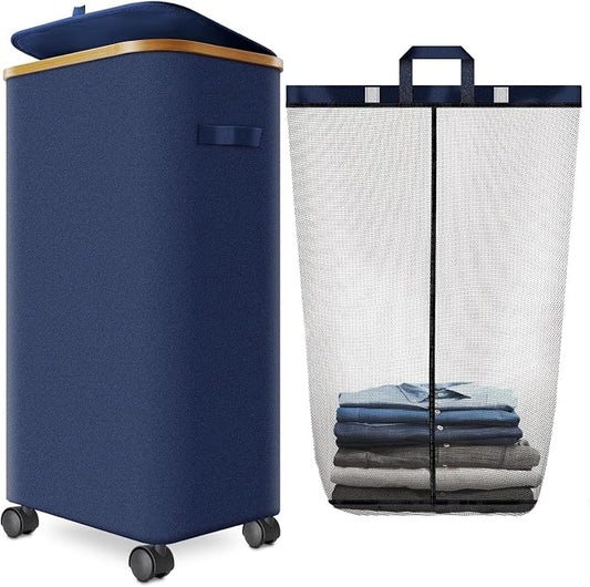 Laundry Basket with Wheels, 110L Large Rolling Laundry Hamper for Dorm | Clothes Hampers for Laundry with Inner Bag, Collapsible Dirty Clothes Hamper for Bedroom, Bathroom, Laundry Room
