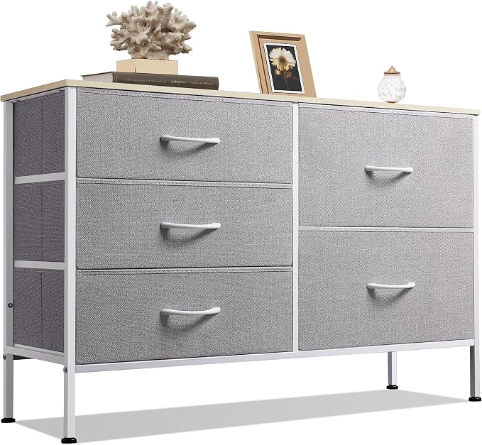 WLIVE 5 Drawer Fabric Dresser for Bedroom, Wide Storage Chest, Light Grey | 5-drawer wide fabric dresser with steel frame, multipurpose bedroom living room hallway dorm closet storage organizer