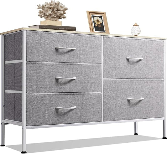 WLIVE 5 Drawer Fabric Dresser for Bedroom, Wide Storage Chest, Light Grey | 5-drawer wide fabric dresser with steel frame, multipurpose bedroom living room hallway dorm closet storage organizer