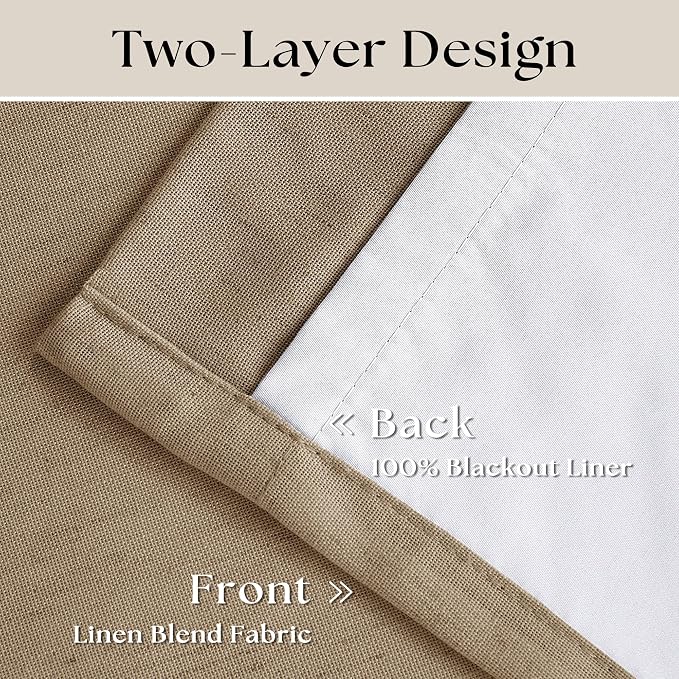 Light Brown 100% Blackout Pinch Pleated Linen 63 Inch Curtains with Liner | Memory Trained, Thermal Insulated, Heat Blocking, Black Out Curtains for Small Window Dining Room Bedroom 2 Panels W40xL63