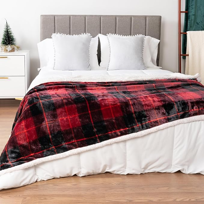 PAVILIA Plaid Sherpa Throw Blanket for Couch Sofa Bed, Black Red, 50x60 | GSM 460; Soft Plush Flannel Fleece; Warm&Cozy for Home; Machine Washable, Perfect Cabin Decor Winter Holiday Christmas Gift