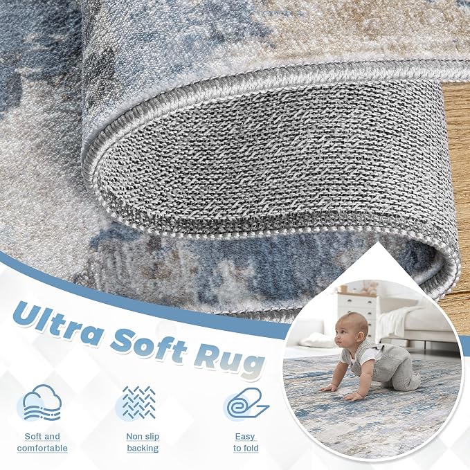 pmtsns Area Rugs 9x12 for Living Room: Washable Rug Modern Abstract Neutral Soft Non-Slip Low-Pile Indoor Large Carpet for Bedroom Dining Room Playroom Home Office (Light Blue Brown, 9'x12')