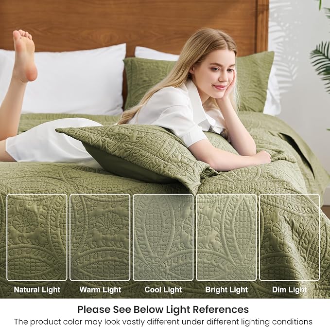 Love's cabin Oversized King Size Quilt Bedding Set Green Bedspreads - Oversized King Lightweight Bedspread Comforter - Coin Pattern Coverlet for All Season - 3 Pieces (1 Quilt, 2 Pillow Shams)